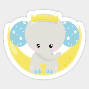 Cute Elephant, Elephant On The Moon, Crown, Stars Sticker